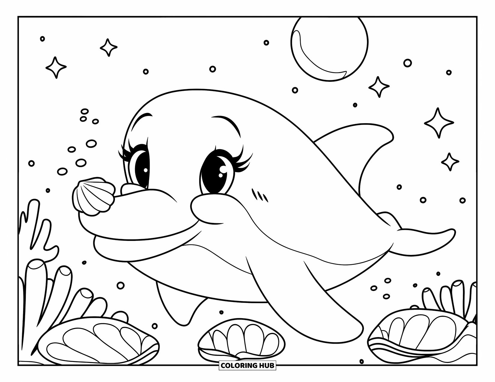 Dolphin Coloring Page for Kids: A dolphin carrying a pearl on its nose, swimming near clams and corals