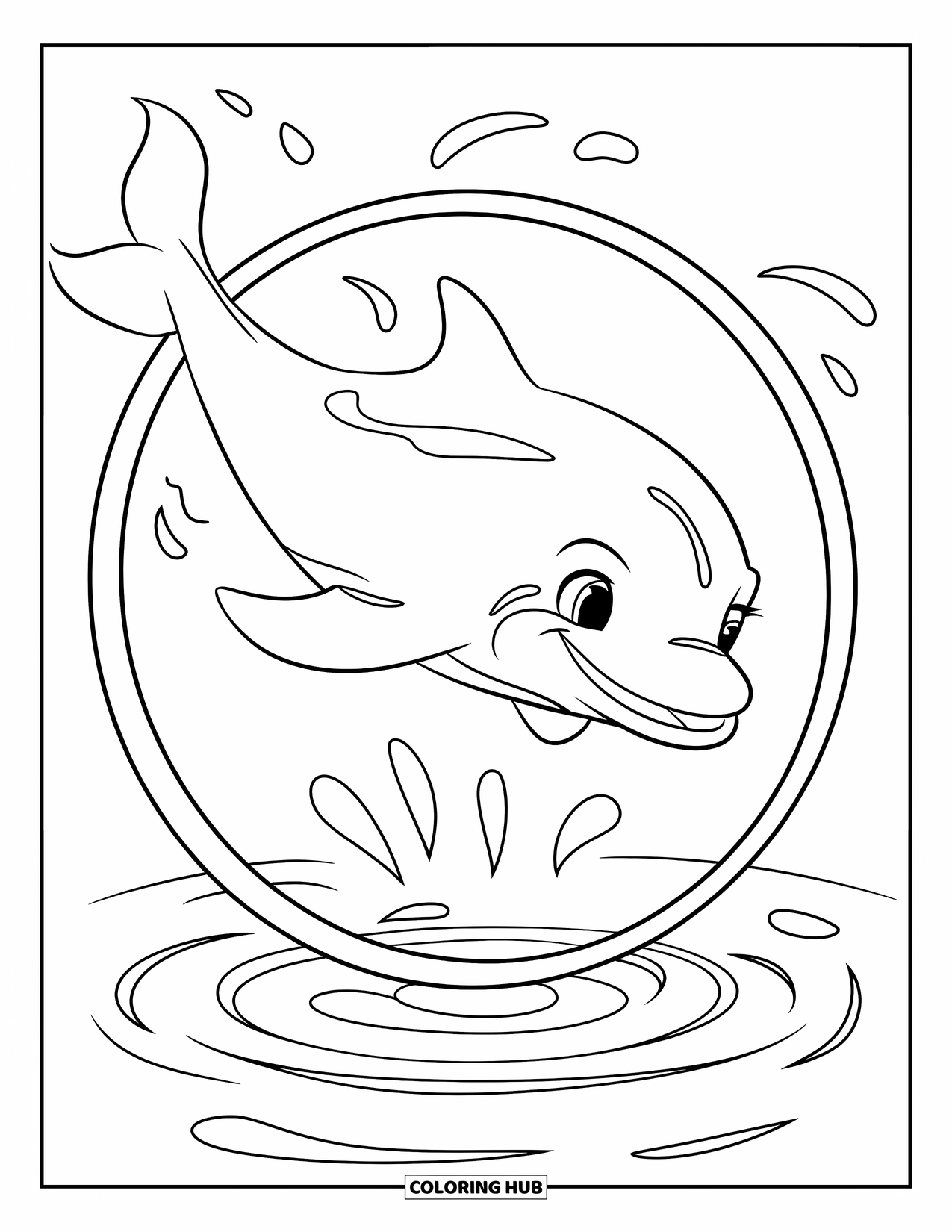 Dolphin Coloring Page for Kids: A dolphin cheerfully jumping through a hoop with water splashes