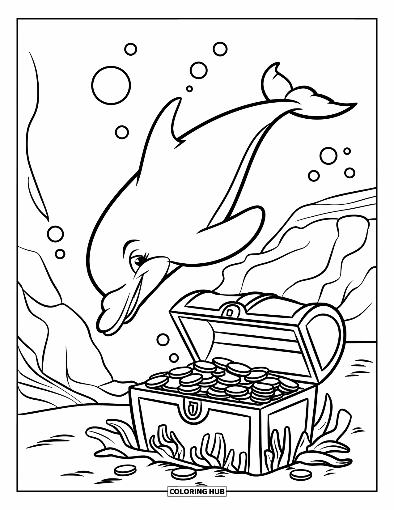 Dolphin Coloring Page for Kids: A dolphin diving near a sunken treasure chest with gold coins and seaweed