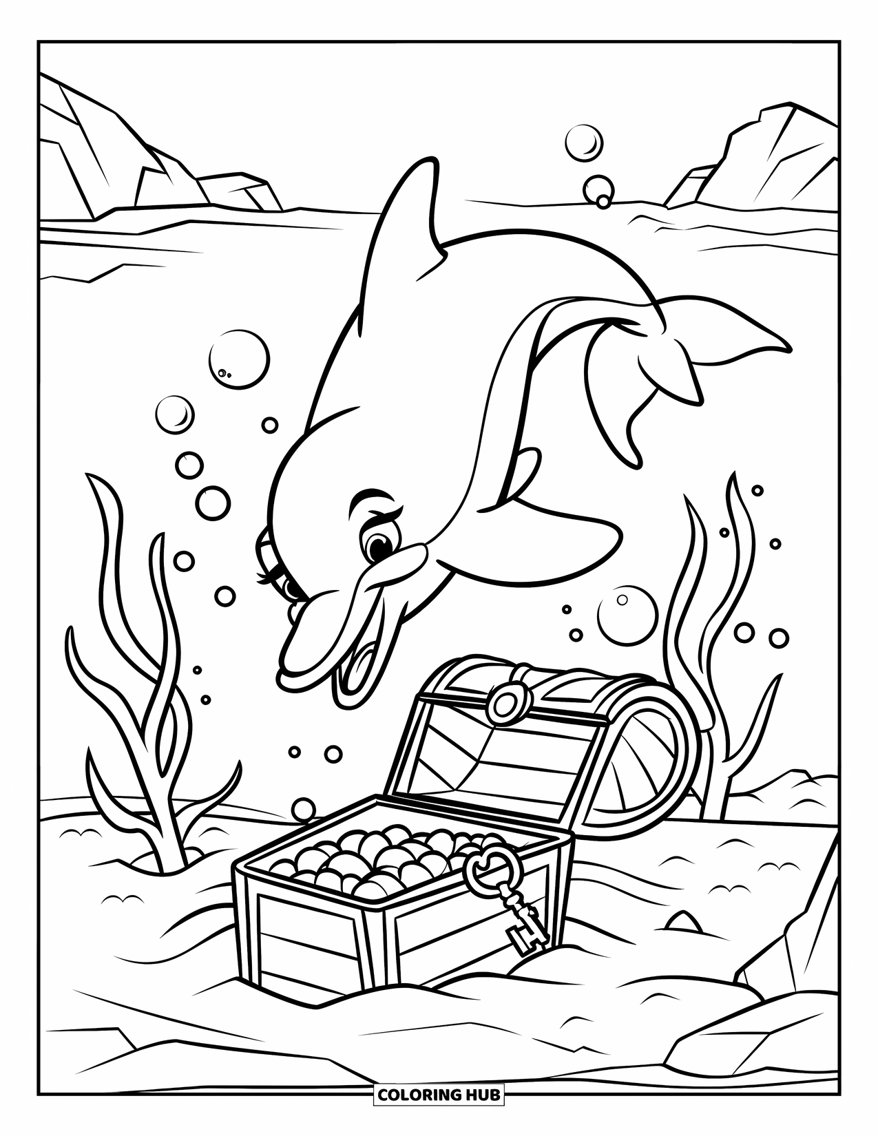 Dolphin Coloring Page for Kids: A dolphin diving near a sunken treasure chest with seaweed and bubbles around