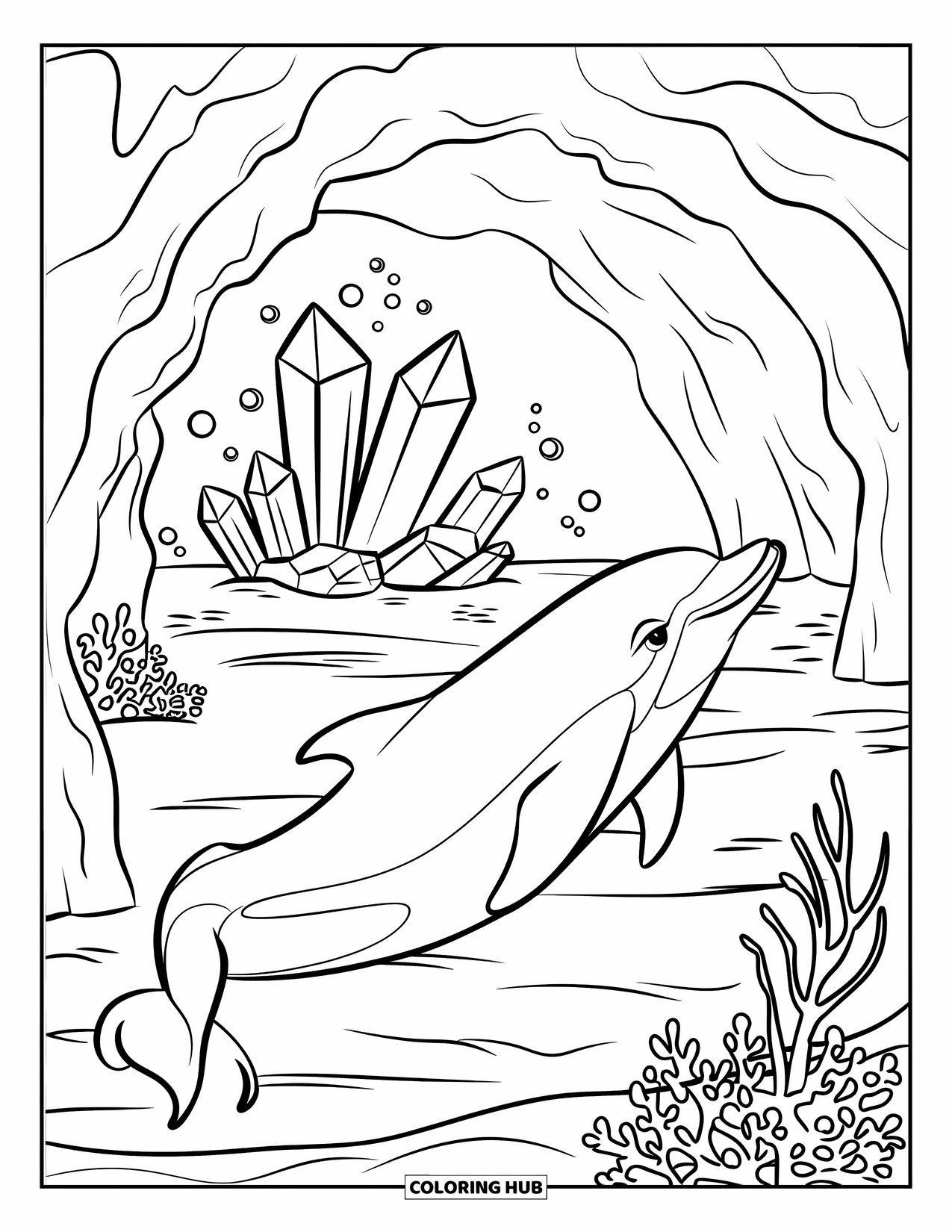Dolphin Coloring Page for Kids: A dolphin exploring a cave with glowing crystals and sea plants