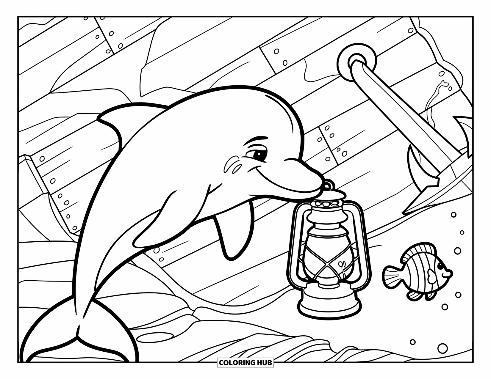 Dolphin Coloring Page for Kids: A dolphin exploring a shipwreck with a lanternfish nearby