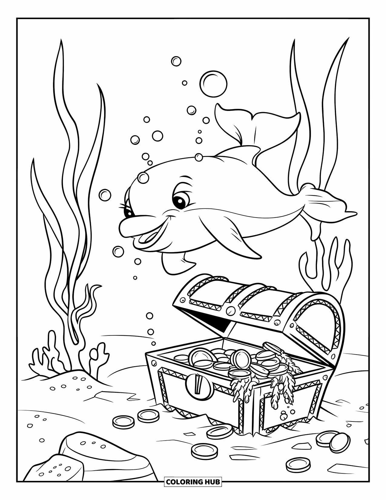 Dolphin Coloring Page for Kids: A dolphin exploring a sunken treasure chest with coins and seaweed around