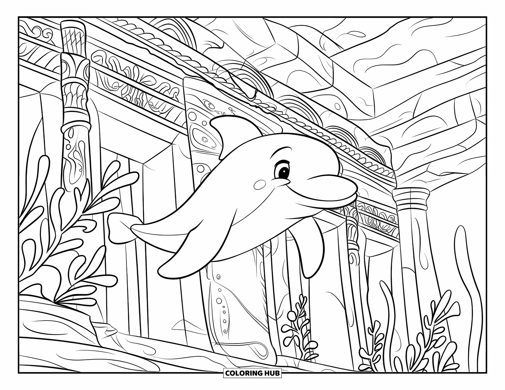 Dolphin Coloring Page for Kids: A dolphin exploring ruins with glowing plants underwater