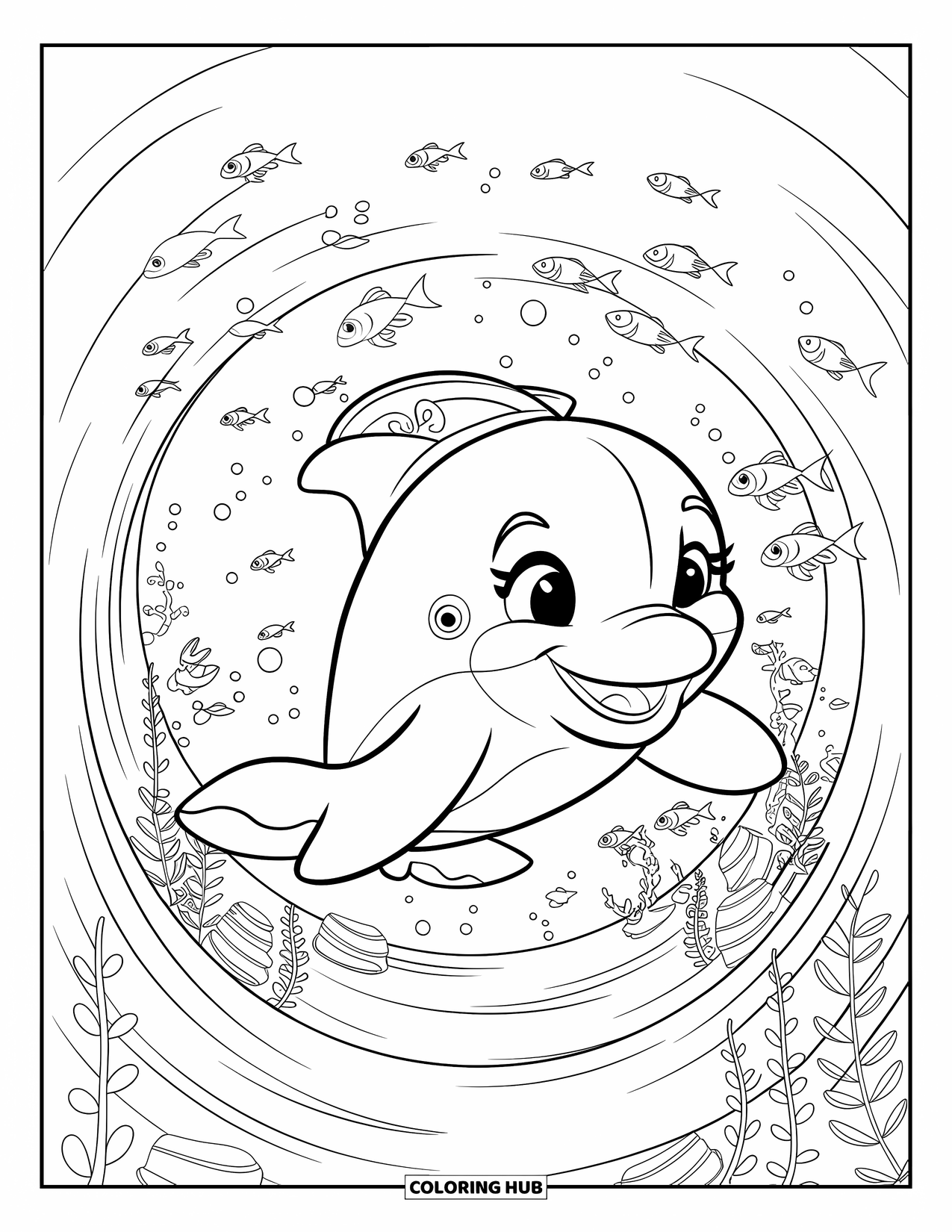 Dolphin Coloring Page for Kids: A dolphin gliding through an underwater tunnel of fish