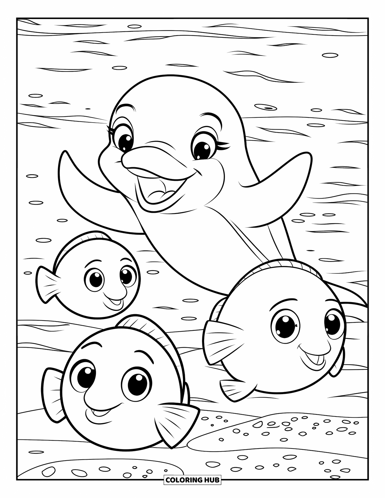 Dolphin Coloring Page for Kids: A dolphin happily waving its fin with three fish swimming nearby