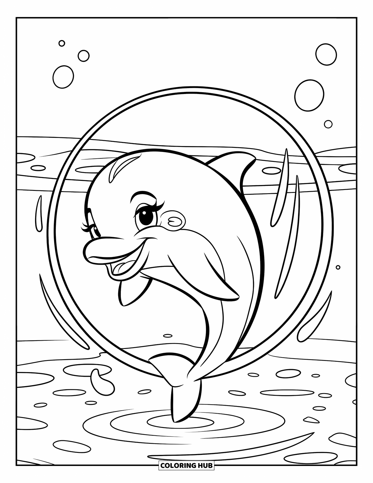 Dolphin Coloring Page for Kids: A dolphin having fun jumping through a hoop with water droplets