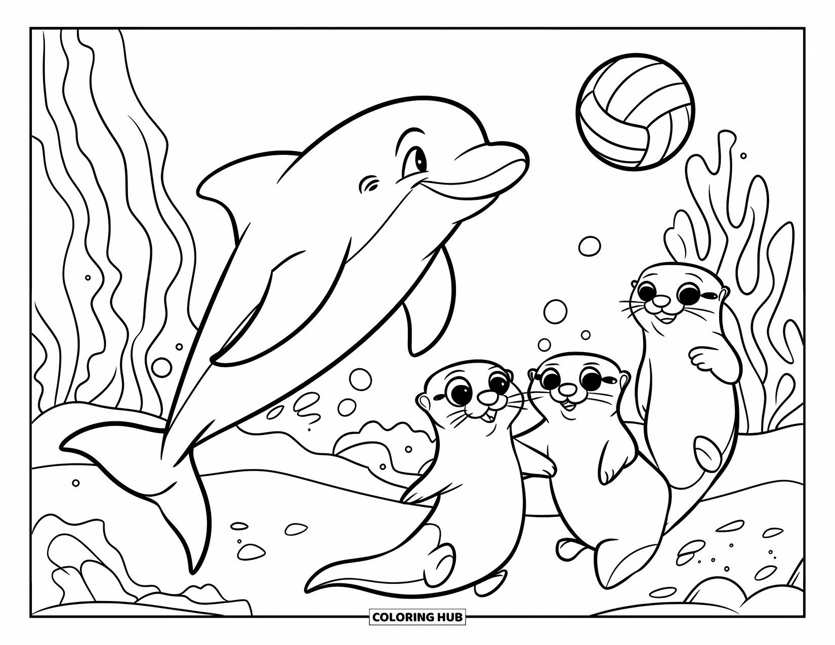 Dolphin Coloring Page for Kids: A dolphin hitting a volleyball with playful otters nearby