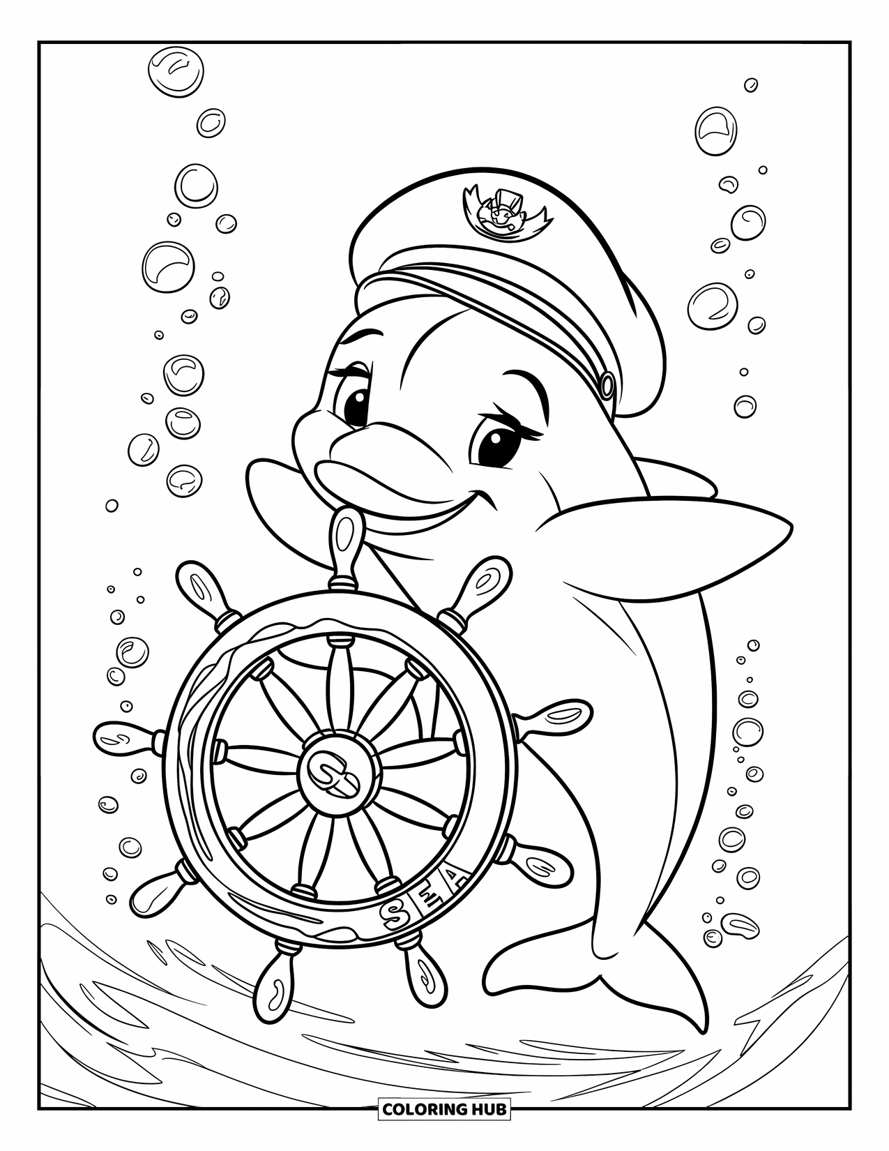 Dolphin Coloring Page for Kids: A dolphin in a captain's hat steering a ship wheel with bubbles rising nearby