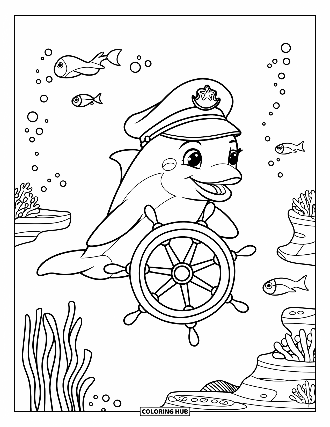 Dolphin Coloring Page for Kids: A dolphin in a captain's hat steering a small underwater ship wheel