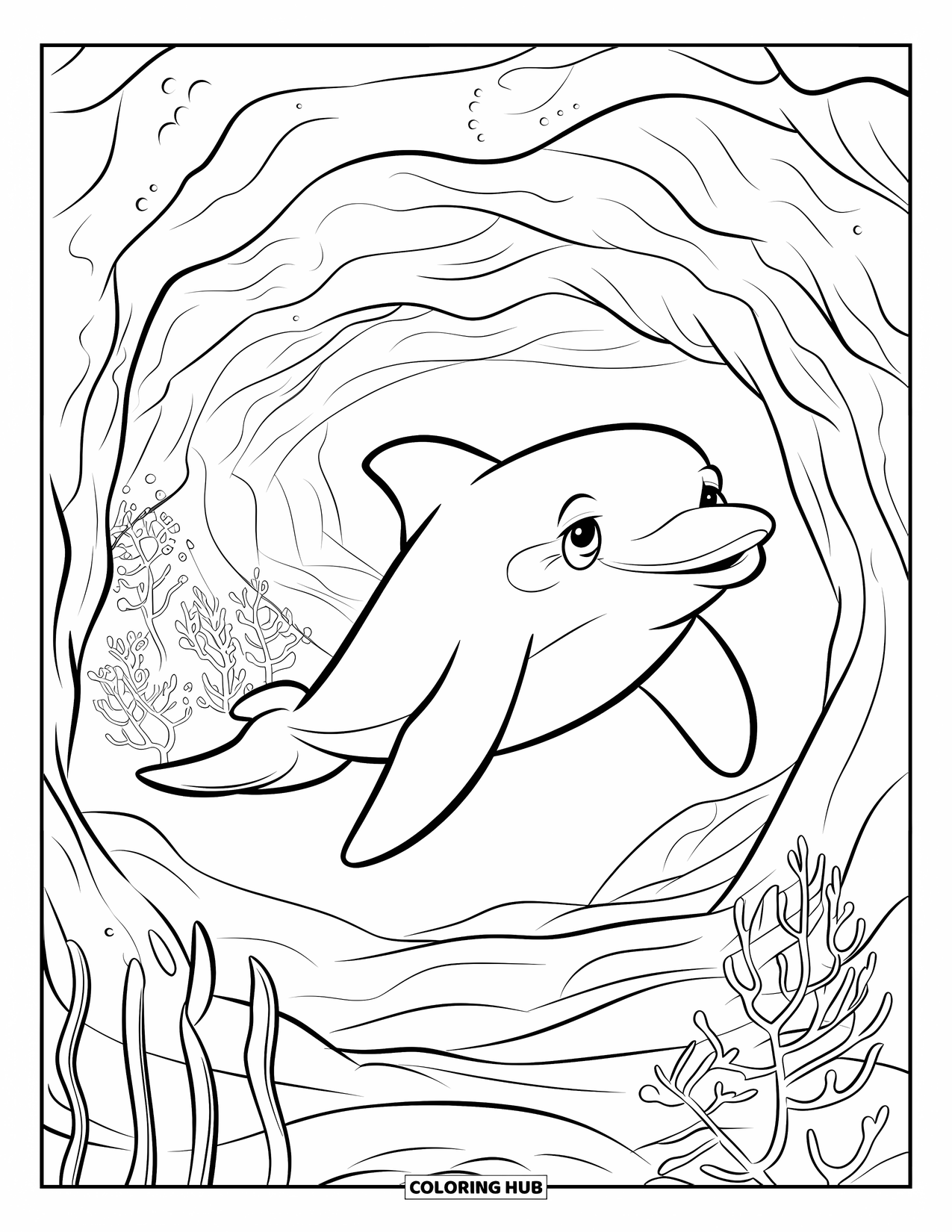 Dolphin Coloring Page for Kids: A dolphin in a glowing underwater cave with plants