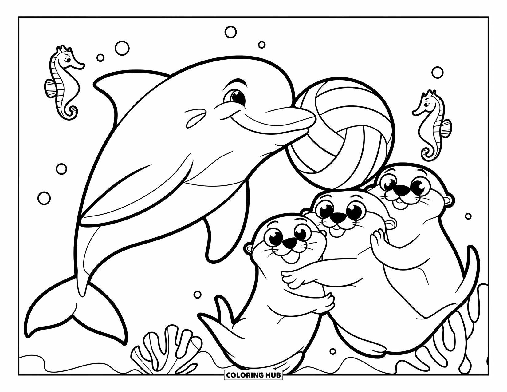 Dolphin Coloring Page for Kids: A dolphin in a uniform playing volleyball with otters underwater