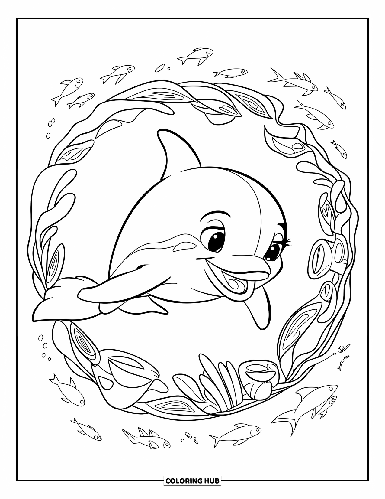 Dolphin Coloring Page for Kids: A dolphin investigating a shipwreck with glowing sea plants