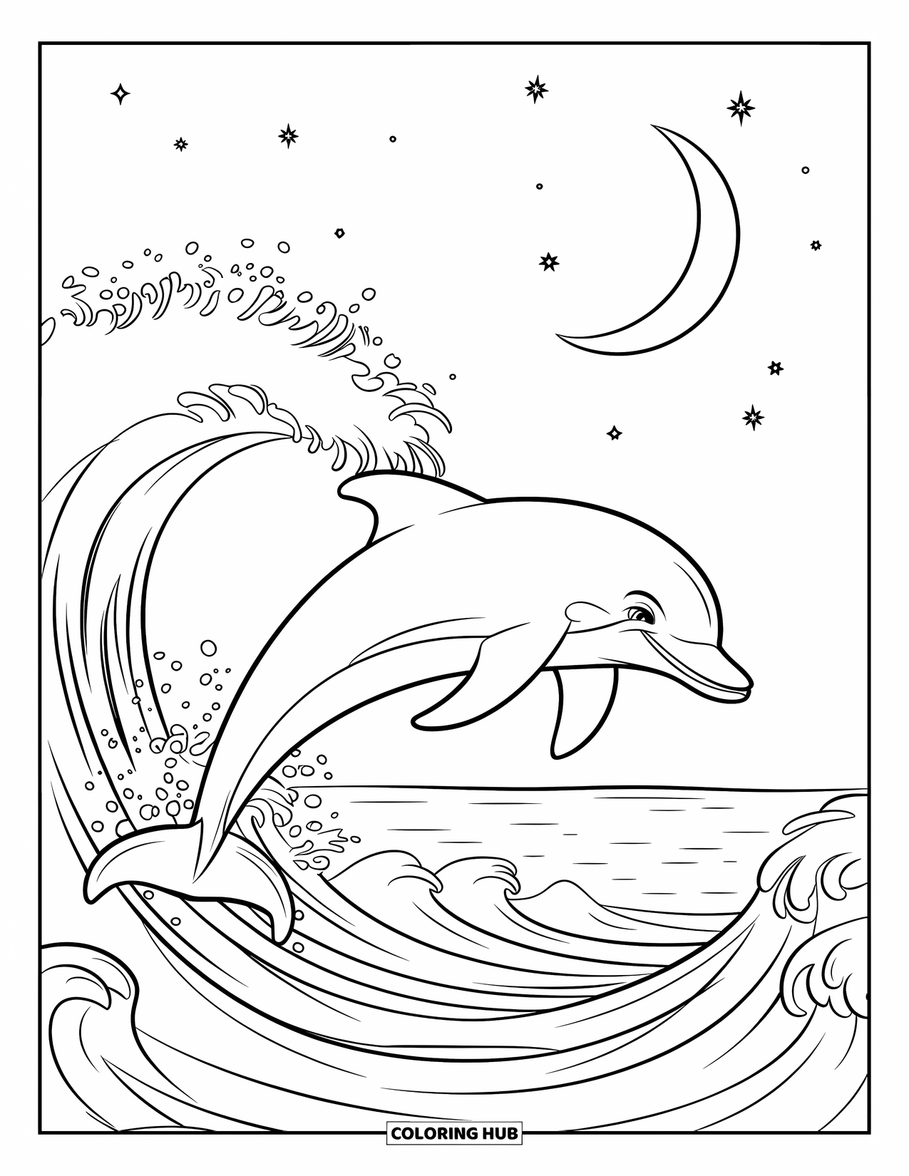 Dolphin Coloring Page for Kids: A dolphin jumping in waves beneath a crescent moon
