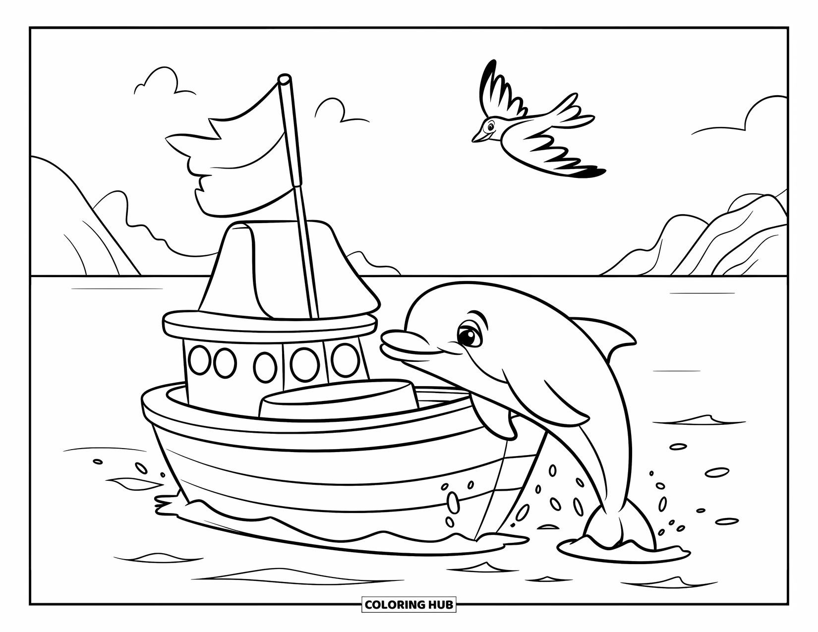 Dolphin Coloring Page for Kids: A dolphin jumping near a boat with a flag and a bird overhead