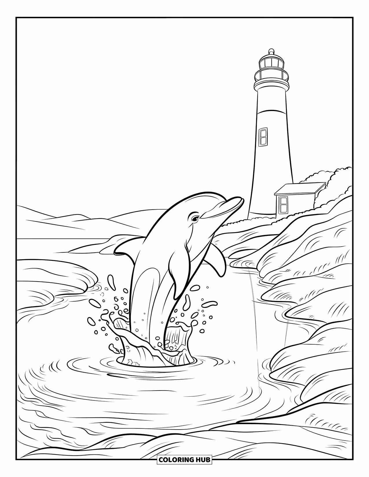Dolphin Coloring Page for Kids: A dolphin jumping out of a tide pool with a lighthouse in the distance