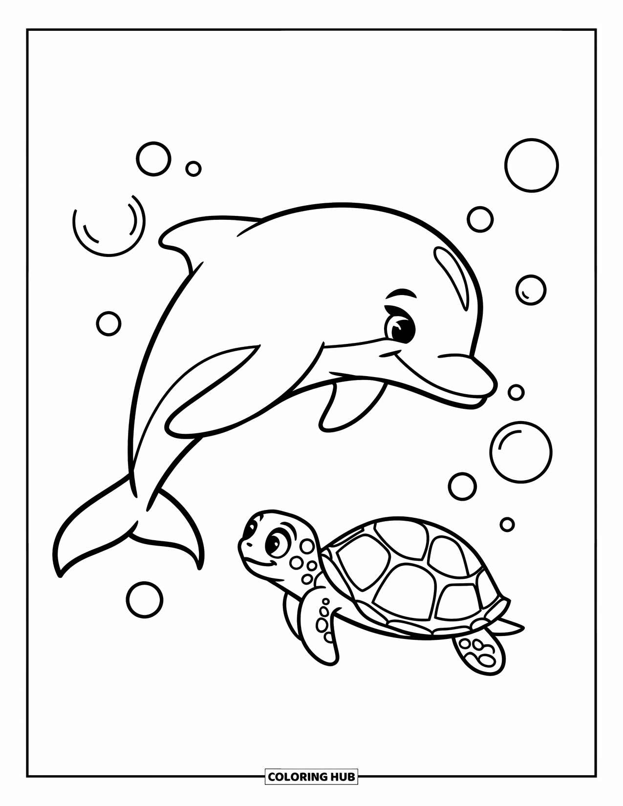 Dolphin Coloring Page for Kids: A dolphin jumping over a turtle with bubbles floating around