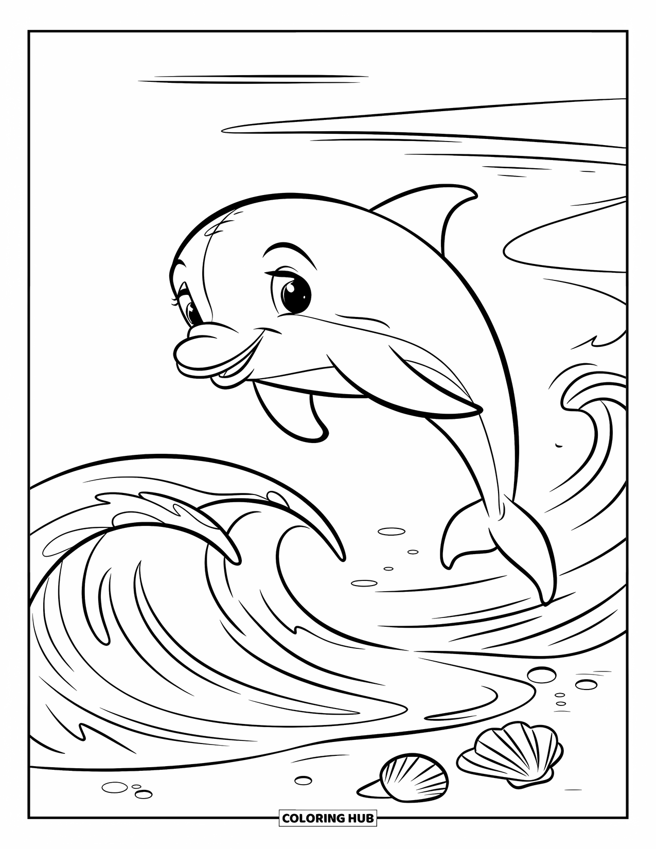 Dolphin Coloring Page for Kids: A dolphin jumping over waves with seashells on the beach
