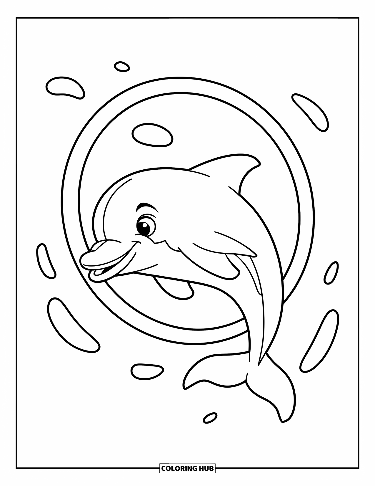 Dolphin Coloring Page for Kids: A dolphin jumping through a hoop with water drops around