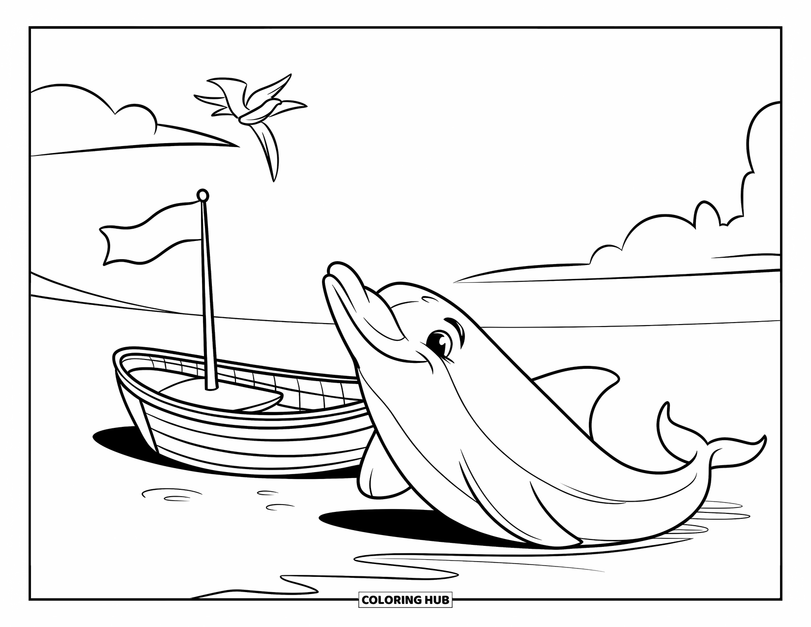 Dolphin Coloring Page for Kids: A dolphin leaping by a small boat with a flag and a bird flying above
