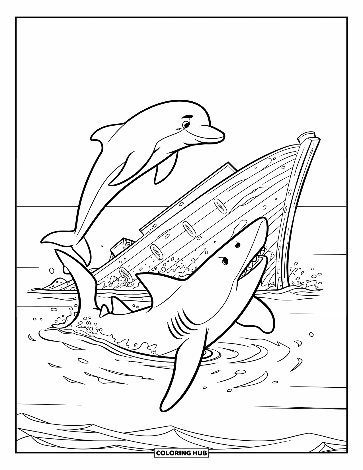 Dolphin Coloring Page for Kids: A dolphin leaping over a shark by shipwreck ruins