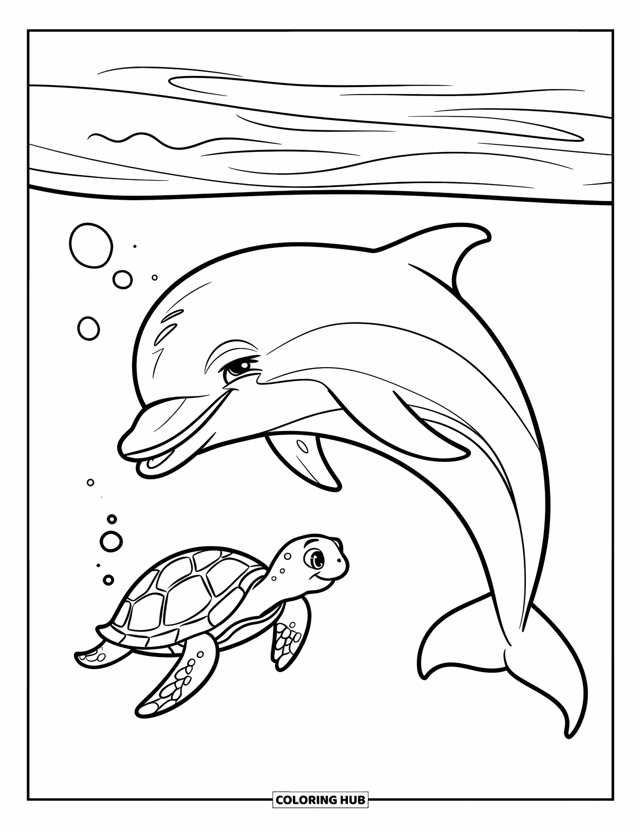 Dolphin Coloring Page for Kids: A dolphin leaping over a turtle underwater with bubbles around them