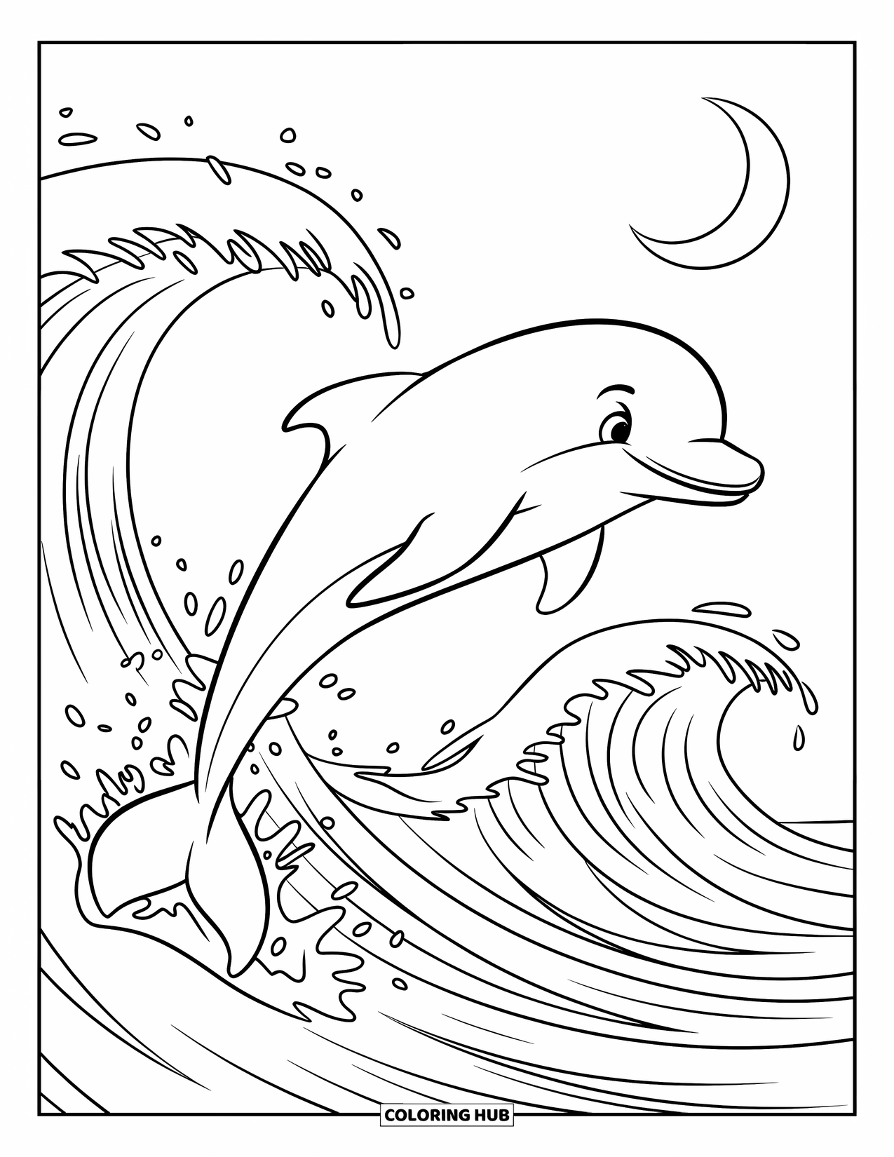Dolphin Coloring Page for Kids: A dolphin leaping through waves under a crescent moon
