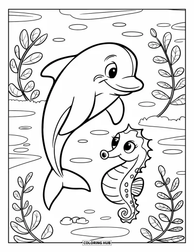 Kolorowanka z delfinami dla dzieci: Delfin wyskakuje z wody, a konik morski pływa wśród podwodnych roślin