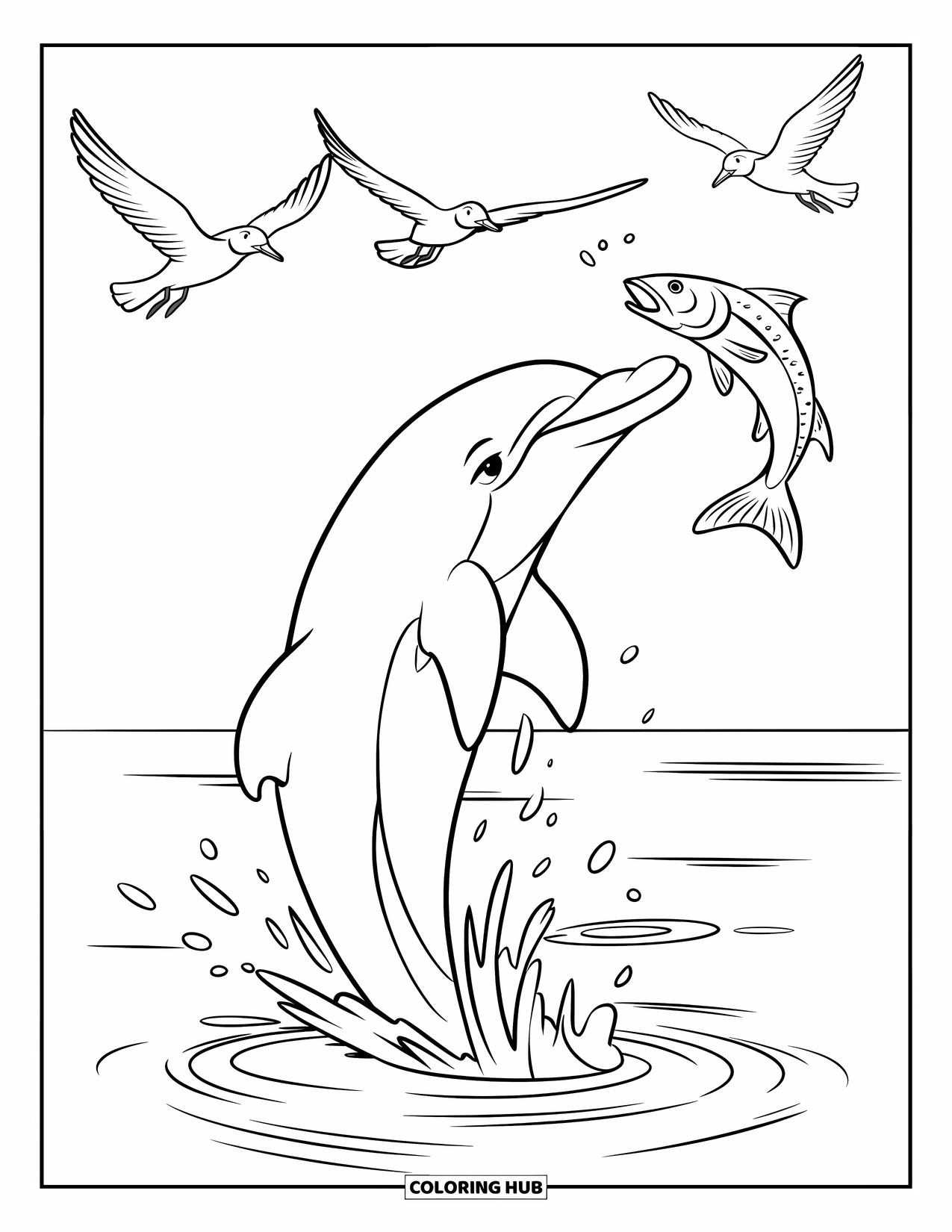 Dolphin Coloring Page for Kids: A dolphin leaping with a fish and seagulls in the sky