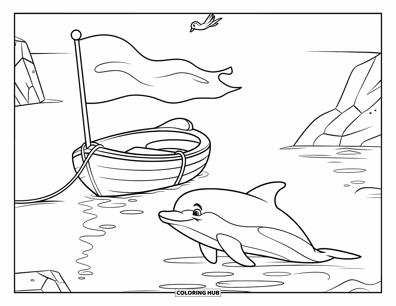 Dolphin Coloring Page for Kids: A dolphin near a small boat with a waving flag and a bird above