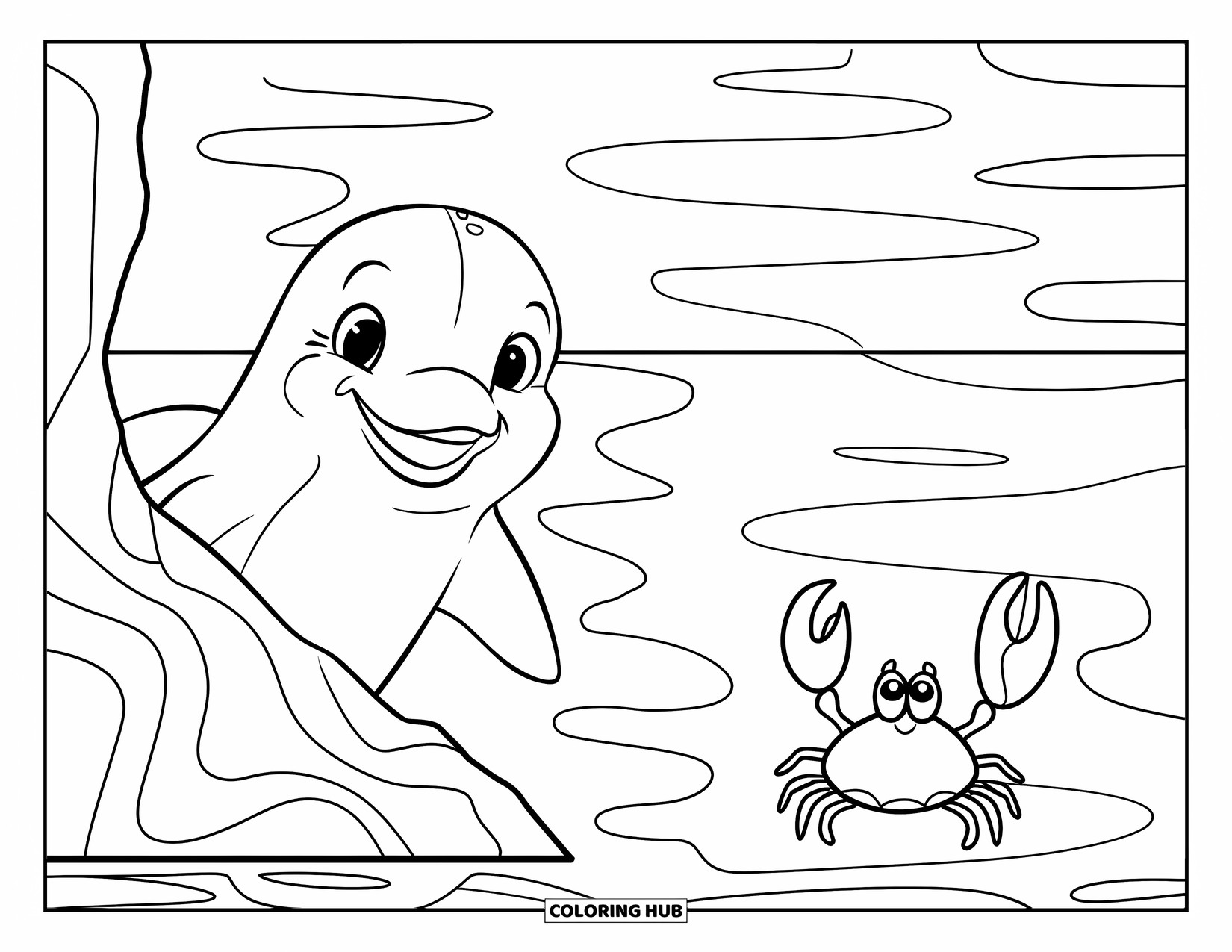 Dolphin Coloring Page for Kids: A dolphin peeking from behind a rock with a crab holding a seashell