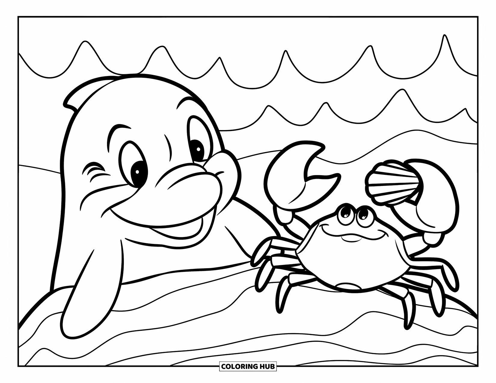Dolphin Coloring Page for Kids: A dolphin playfully peeking out with a crab showing off a seashell