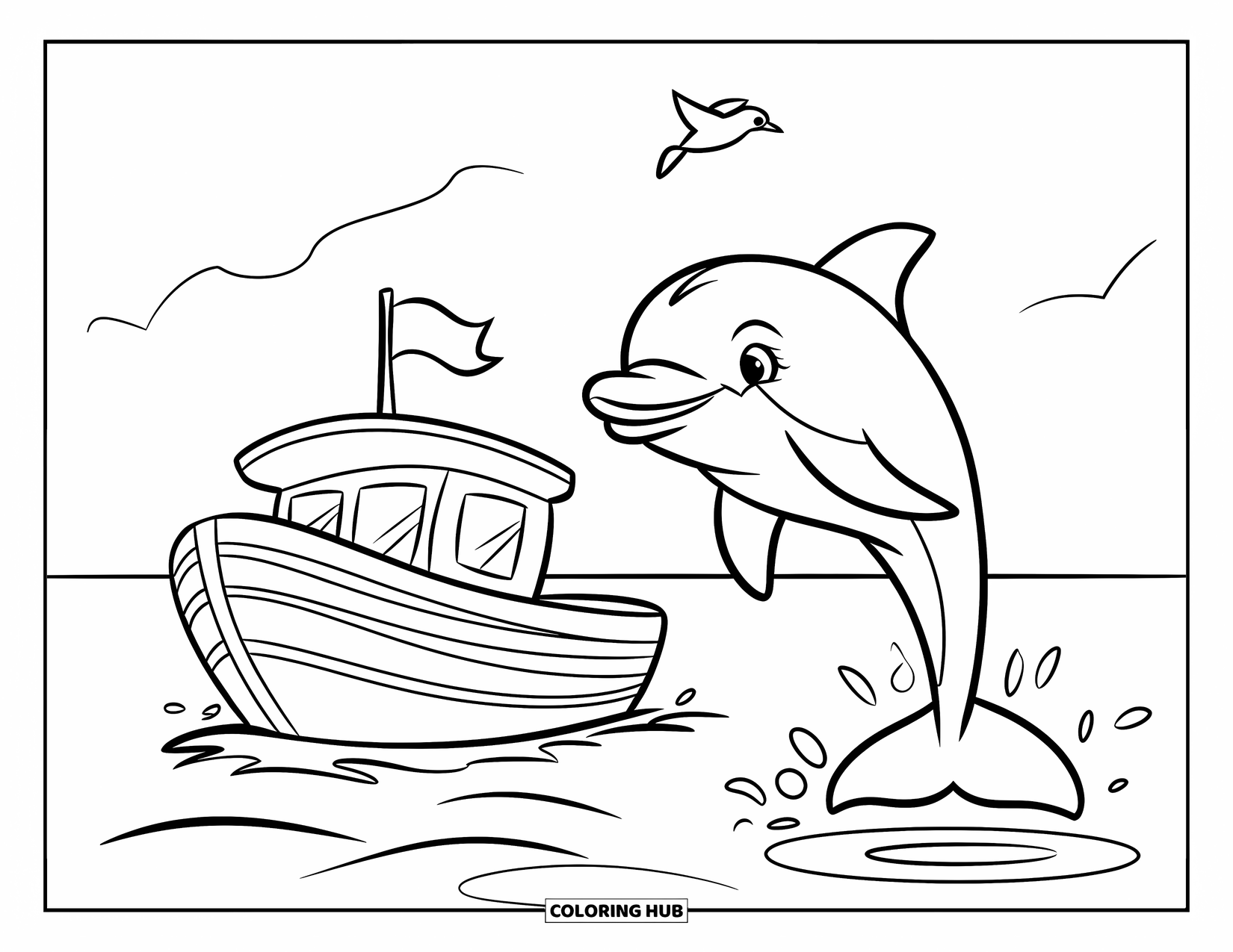 Dolphin Coloring Page for Kids: A dolphin playing by a small boat with a flag and a bird above
