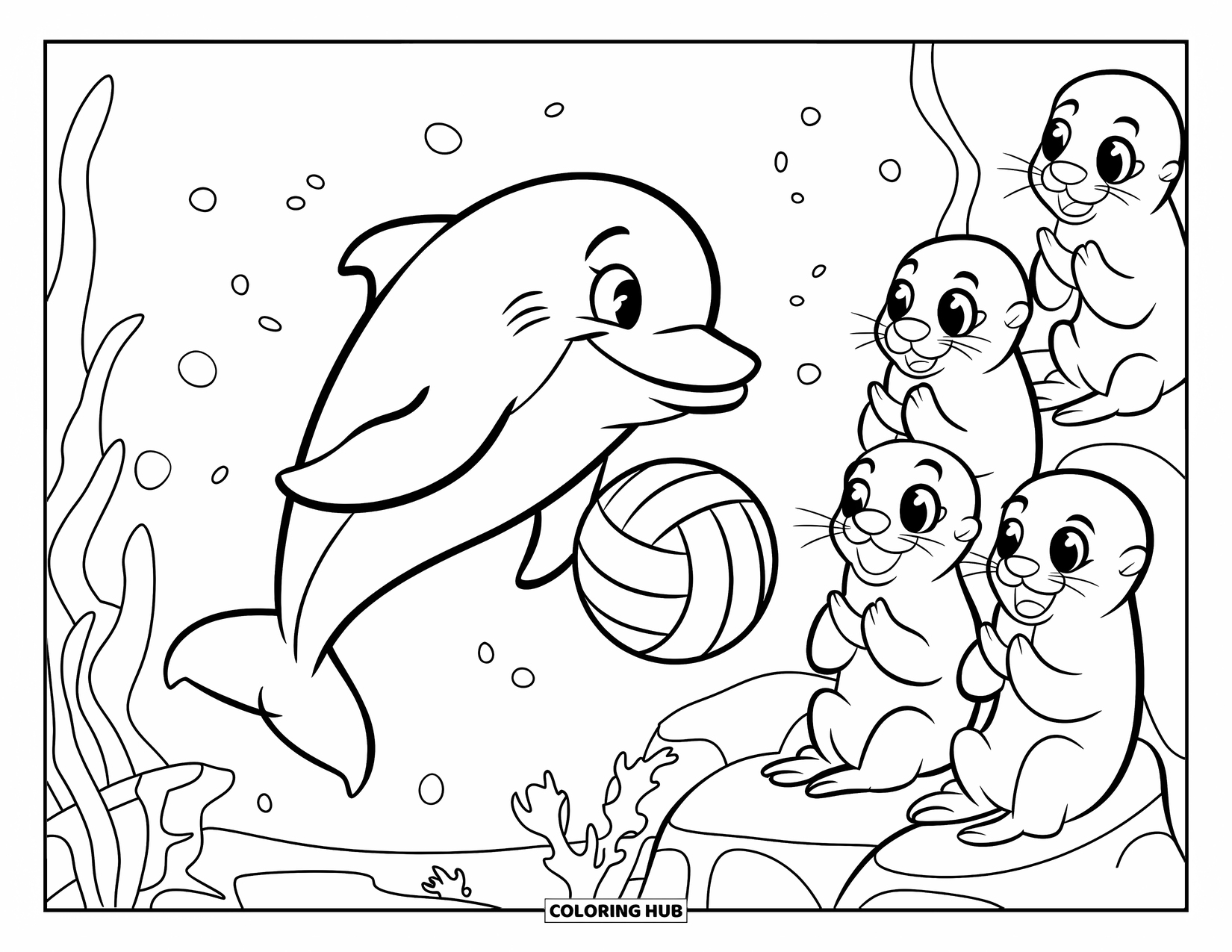 Dolphin Coloring Page for Kids: A dolphin playing volleyball with otters underwater