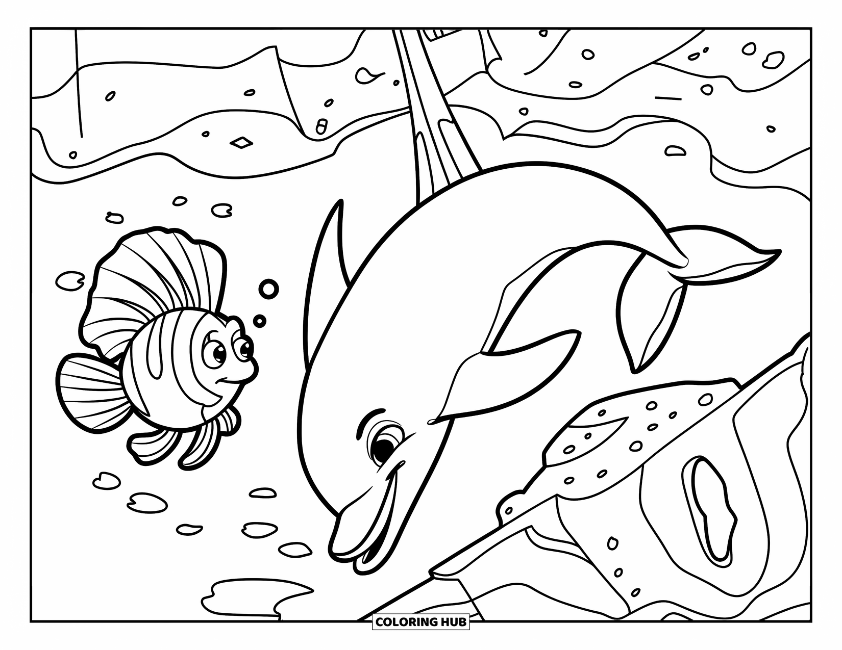 Dolphin Coloring Page for Kids: A dolphin riding waves at night with a crescent moon above