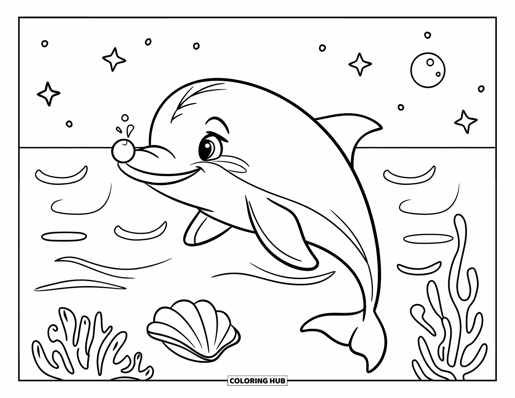 Dolphin Coloring Page for Kids: A dolphin smiling with a pearl on its nose near clams and corals