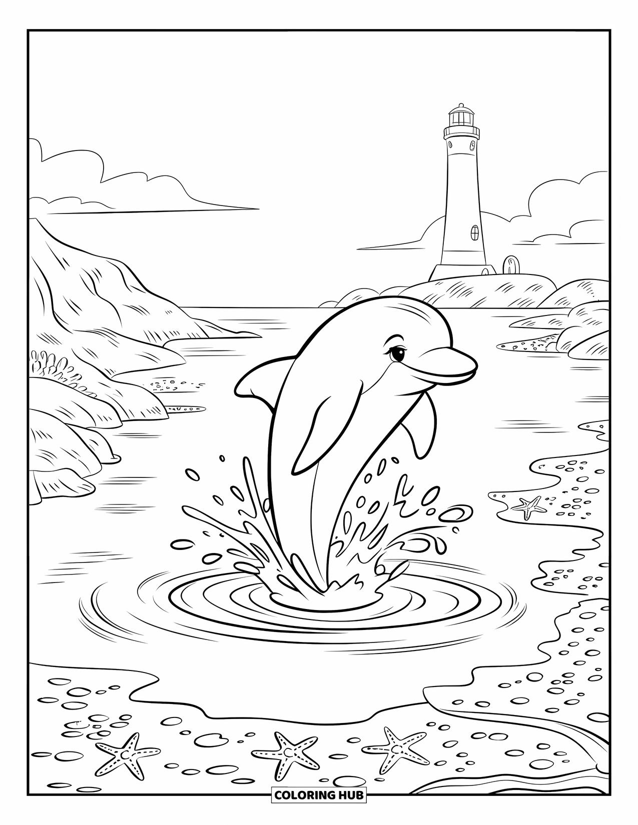 Dolphin Coloring Page for Kids: A dolphin splashing in a tide pool near a lighthouse and sea stars