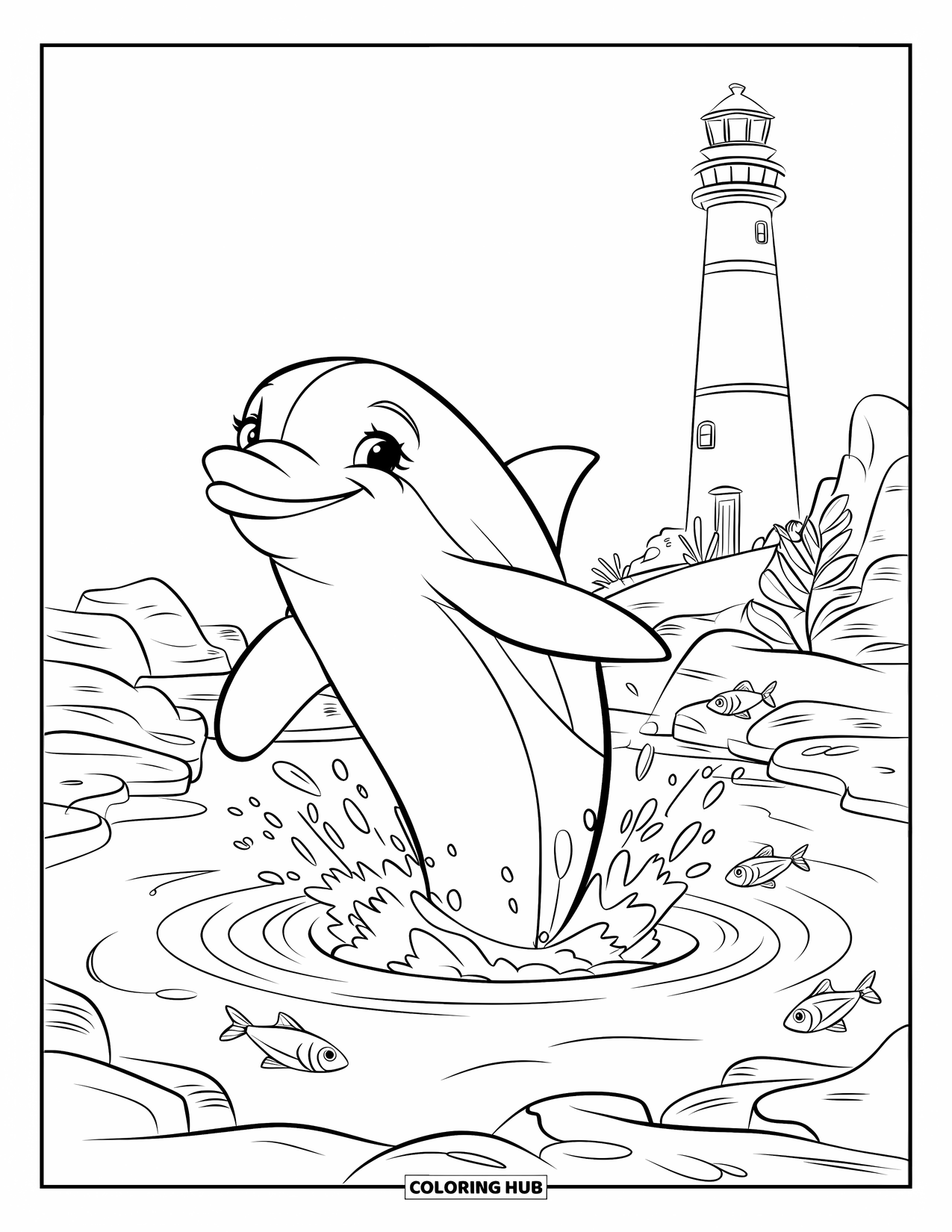Dolphin Coloring Page for Kids: A dolphin splashing in a tide pool surrounded by fish and a lighthouse nearby