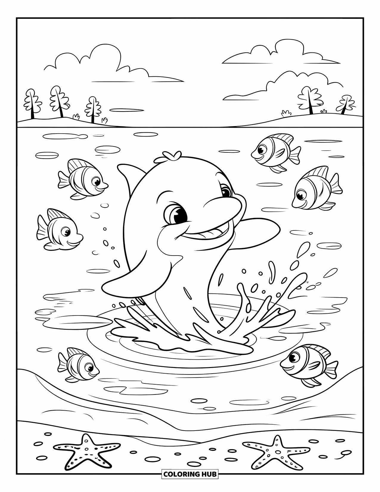 Dolphin Coloring Page for Kids: A dolphin splashing with its tail among fish and sea stars near the shore