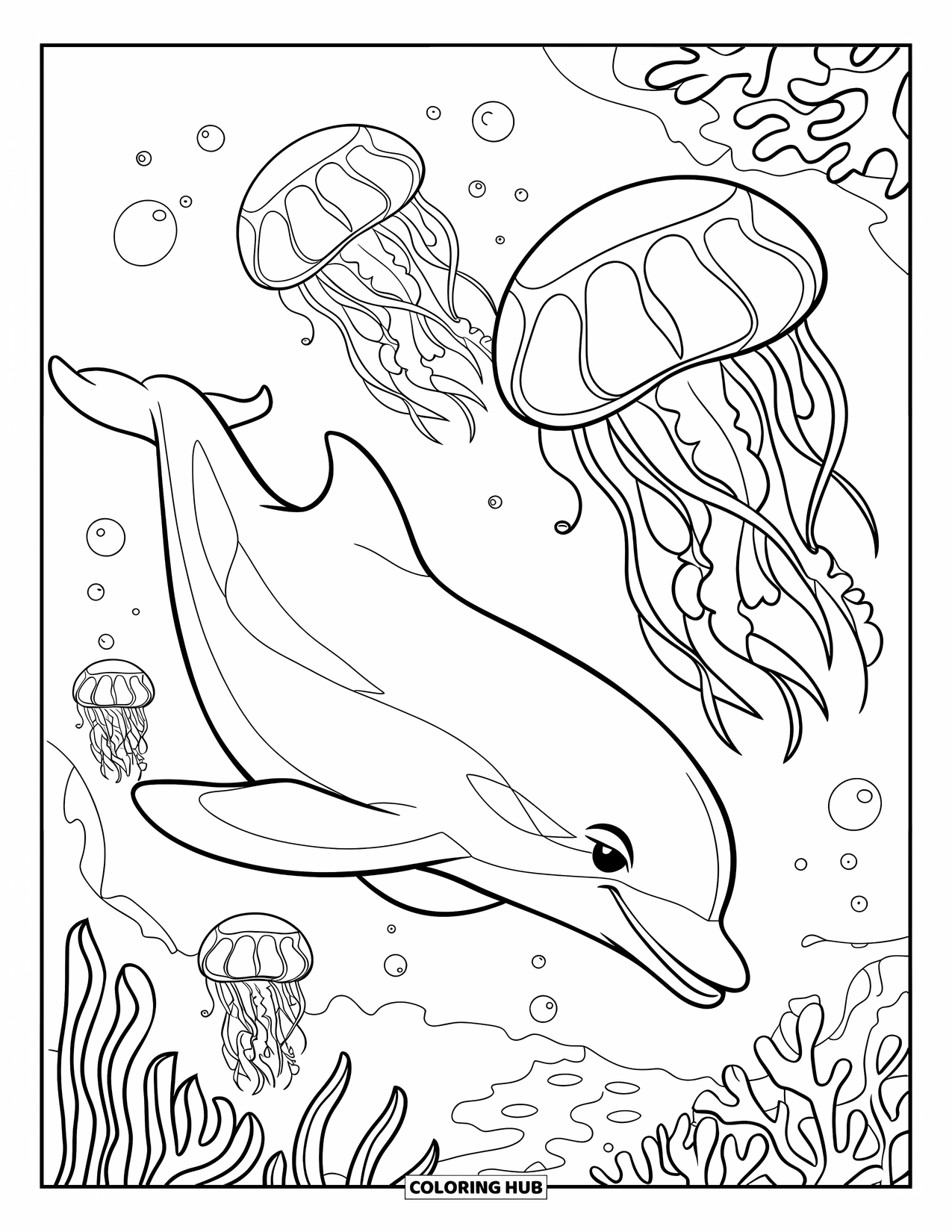 Dolphin Coloring Page for Kids: A dolphin surrounded by glowing jellyfish underwater