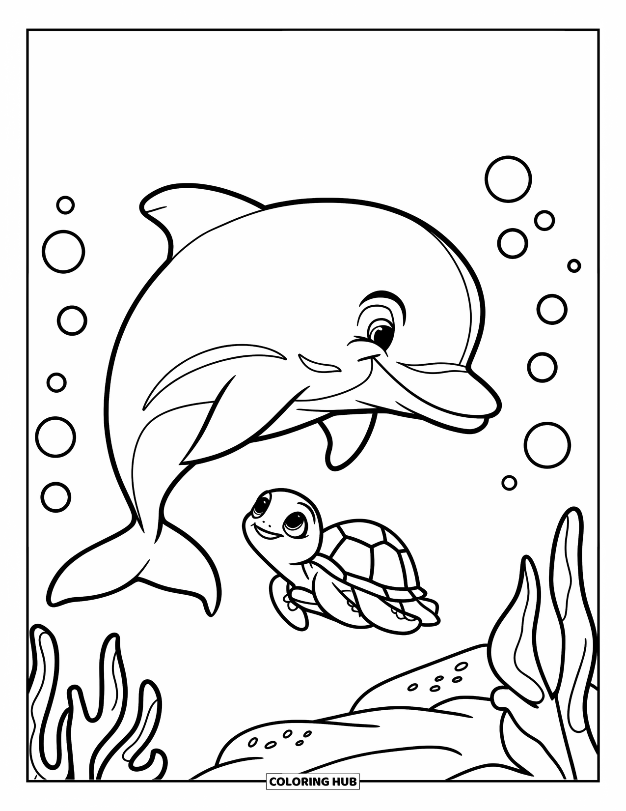 Dolphin Coloring Page for Kids: A dolphin swimming above a small turtle with bubbles around them