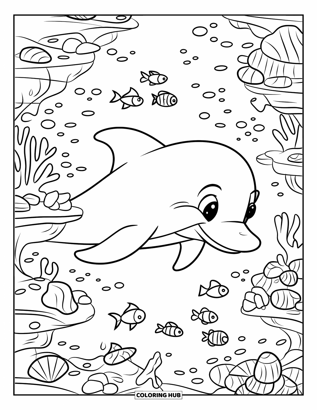 Dolphin Coloring Page for Kids: A dolphin swimming among coral reefs with seashells and tiny fish nearby
