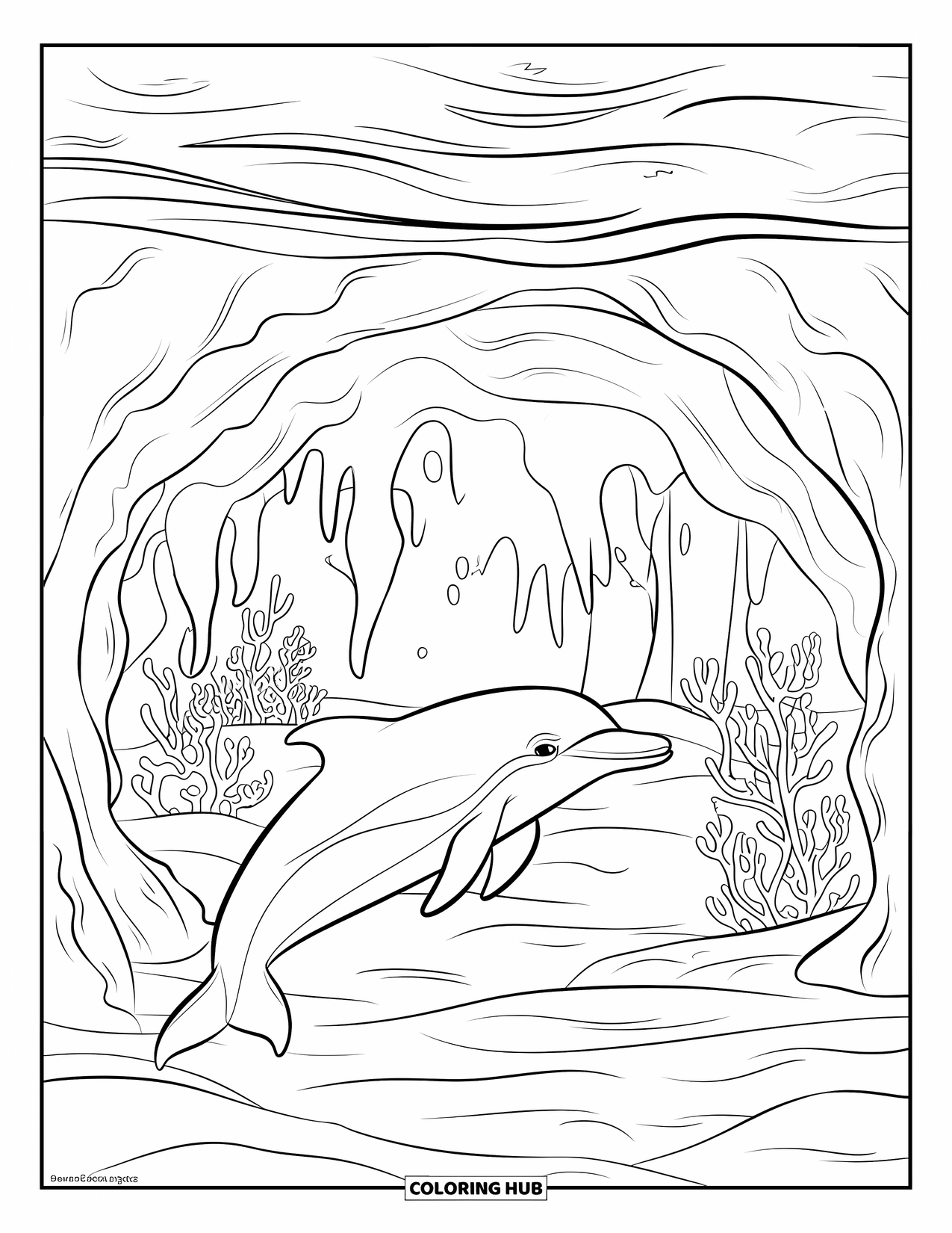 Dolphin Coloring Page for Kids: A dolphin swimming in a cave with bioluminescent plants