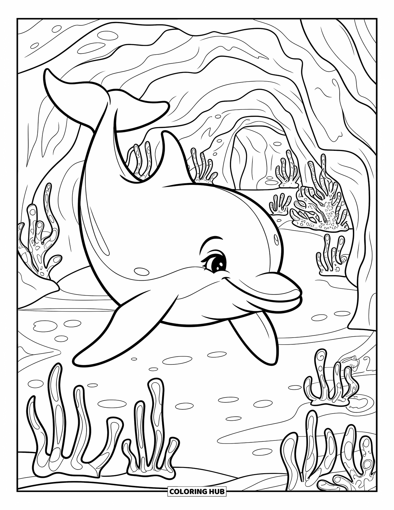Dolphin Coloring Page for Kids: A dolphin swimming in a cave with glowing sea plants