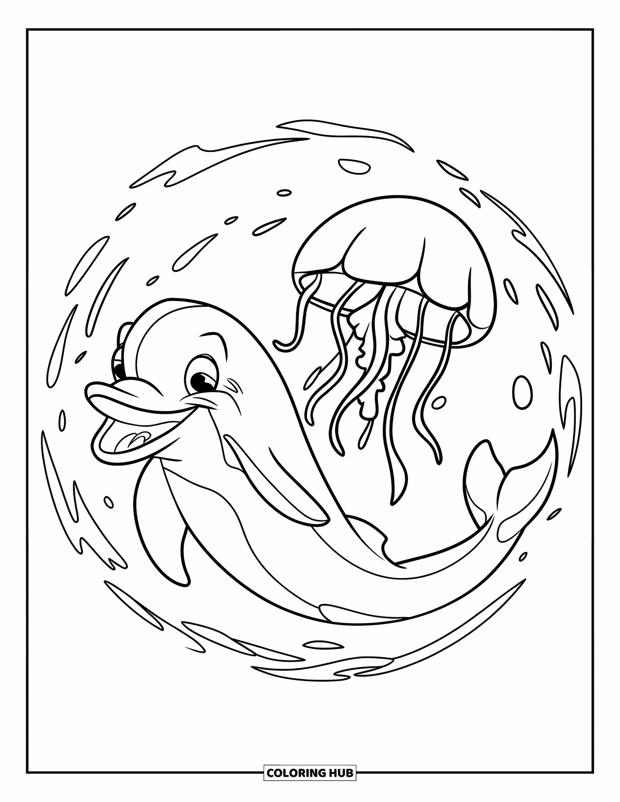 Dolphin Coloring Page for Kids: A dolphin swimming in a circle with a jellyfish nearby