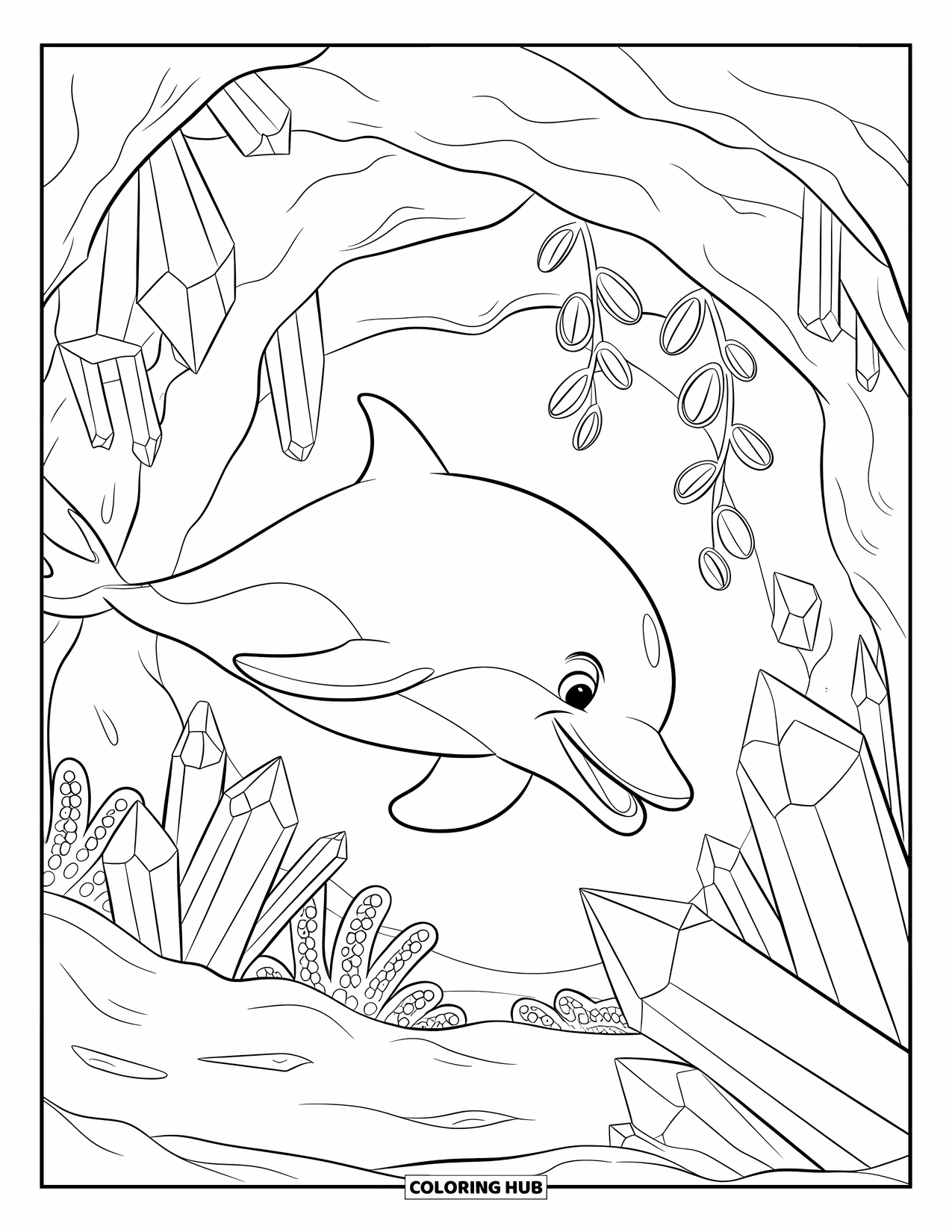 Dolphin Coloring Page for Kids: A dolphin swimming through a cave filled with glowing crystals and sea plants