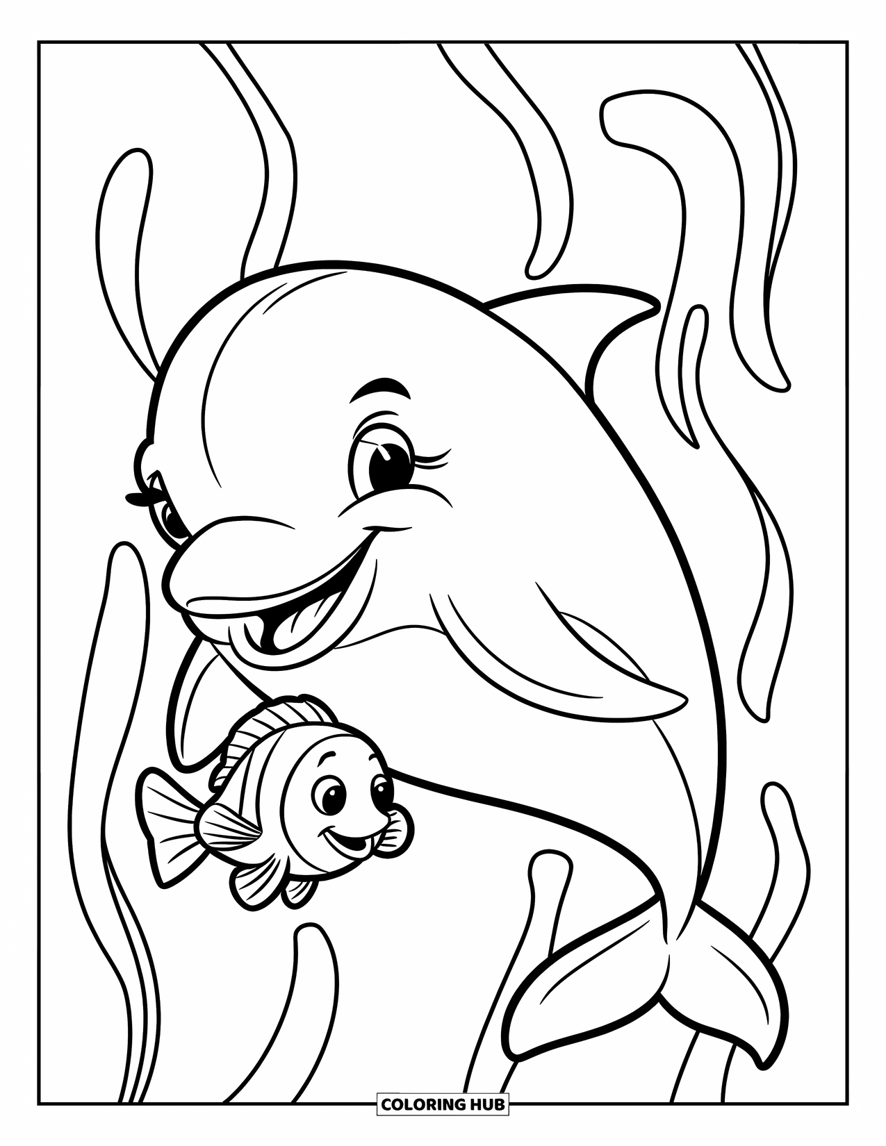 Dolphin Coloring Page for Kids: A dolphin swimming with a small fish surrounded by seaweed