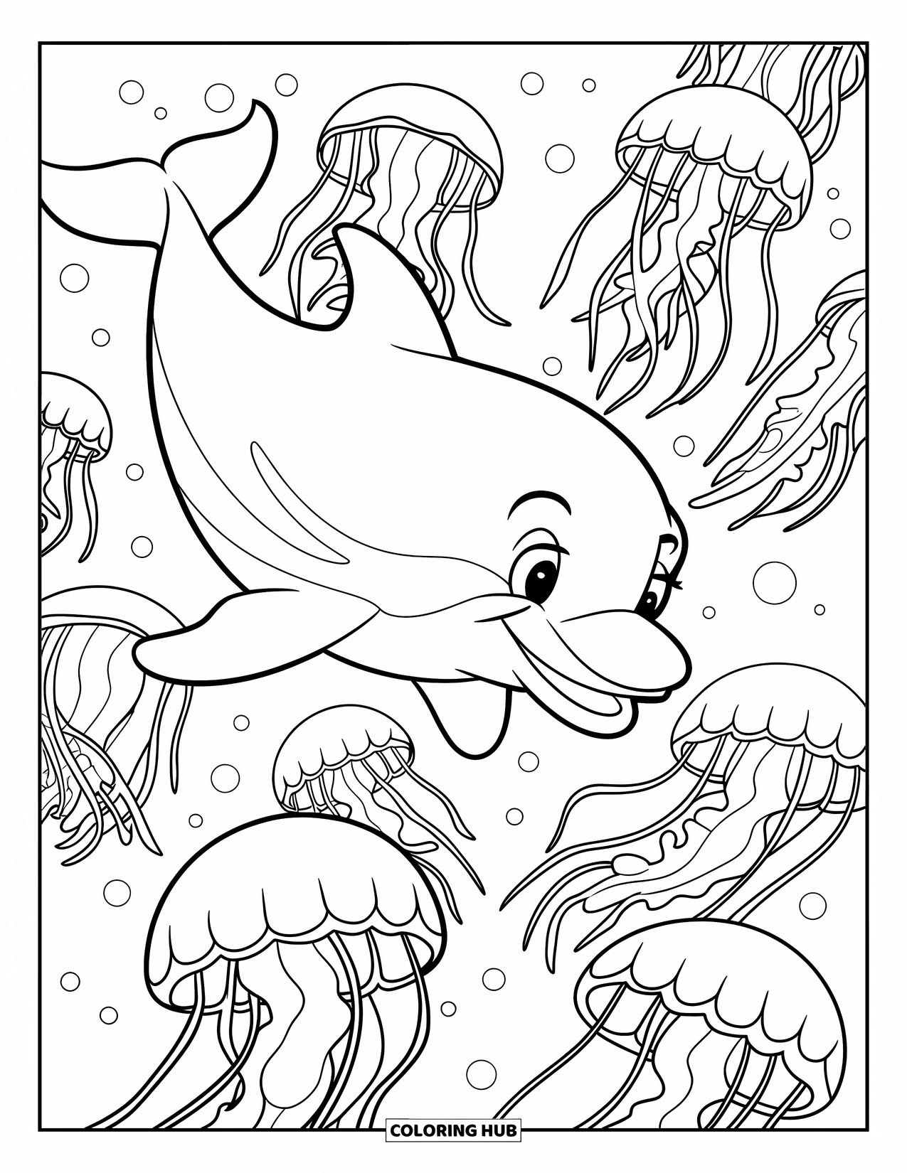 Dolphin Coloring Page for Kids: A dolphin swimming with glowing jellyfish in deep waters