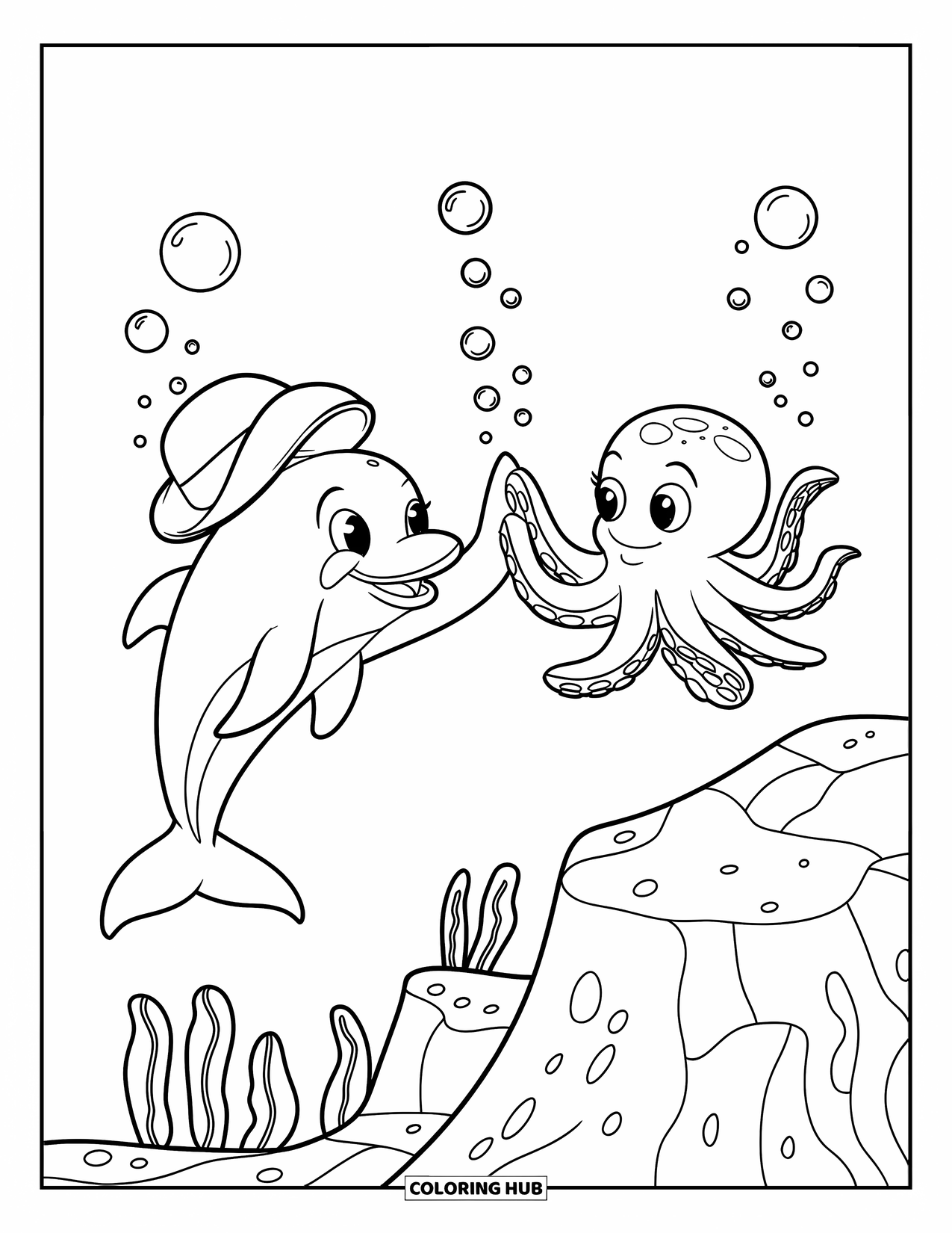 Dolphin Coloring Page for Kids: A dolphin wearing a hat high-fiving an octopus underwater with bubbles floating nearby