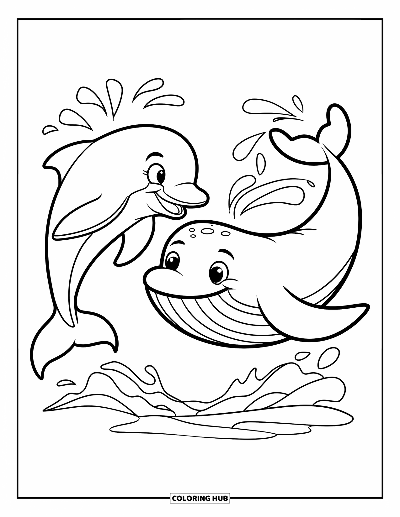 Dolphin Coloring Page for Kids: A friendly dolphin and whale smiling with water splashing nearby